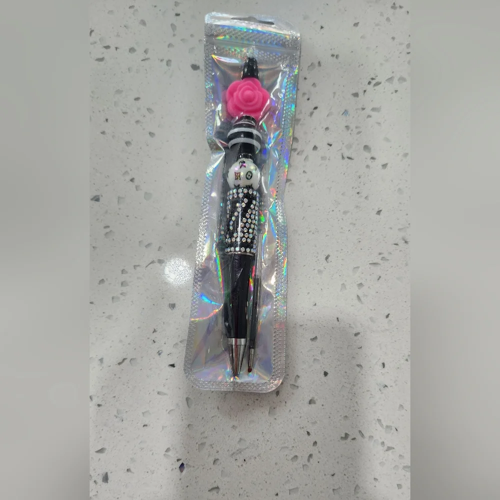 Bling Pen Fashion - Black & Pink Crystal Pen with Rose Topper